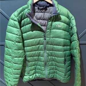 Outdoor Research Mens Puffer Jacket in Green and Gray